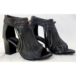 Roper Bettina Fringe Heeled Sandals Womens 7 Black Leather Peep Toe Boho